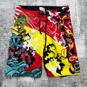 Fox Racing Board Shorts Men 36 Banzai Express Dragon Flame Wave Japan Swim Trunk
